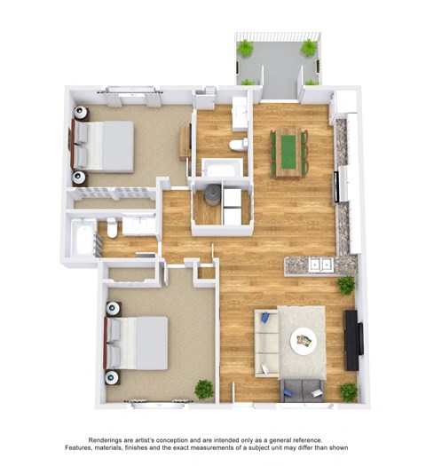 A floor plan of a house with a living room, dining room, kitchen, and two bedrooms.